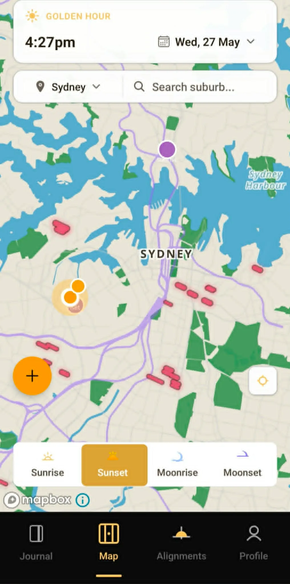 CityHenge mobile app showing a sun-alignment street view